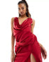 ASOS DESIGN satin cowl neck maxi dress with ruching detail in dark red Красный, 36 - фото #8