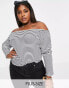 Pieces Curve lettuce edge bardot top in black stripe