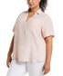 Фото #1 товара Plus Size Stripe Split Neck Linen Short Sleeve Top