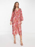 Pretty Lavish balloon sleeve button midaxi dress in red and pink floral