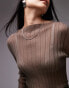 ARKET sheer knitted long line fitted top in khaki brown