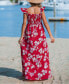 Women's Red Floral Off-Shoulder Flutter Sleeve Maxi Beach Dress