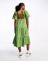 Фото #6 товара Monki tiered midi smock dress with puff sleeves in green check