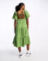 Monki tiered midi smock dress with puff sleeves in green check