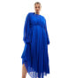 ASOS DESIGN Curve tie back fluted sleeve pleated chevron chiffon midi dress in cobalt Синий, 52 - фото #3