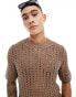 ASOS DESIGN relaxed knitted pointelle t-shirt in brown