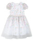 Little Girls Puff Sleeves Floral Embroidered Mesh Social Dress