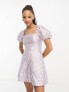 Фото #1 товара Miss Selfridge jacquard puff sleeve corset mini dress in lilac