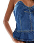 In The Style denim sweetheart bandeau peplum corset top in dark blue Синий, 34 - фото #4