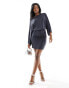 ASOS DESIGN slash neck mini dress with dramatic sleeve in charcoal grey