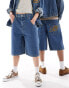 Reclaimed Vintage unisex western longer length denim jorts with embroidery in blue wash