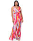 Plus Size Printed V-Neck Ruched-Waist Pleated Gown