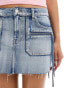 Bershka raw edge denim cargo mini skirt in blue